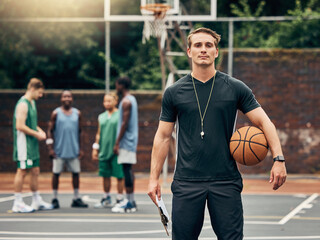 Coach, man and basketball portrait on court training for match, game or competition. Exercise, sports and mindset, vision and motivation of trainer in Canada for workout fitness, wellness and health. - Powered by Adobe
