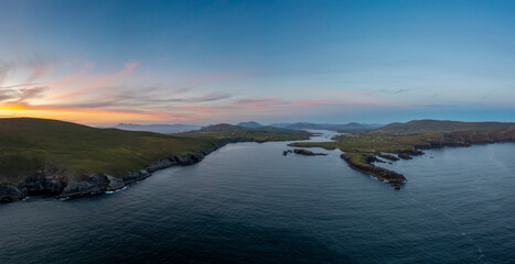 panorama view of the Iveragh Peninsula with Valentia Island and Portmagee at sunset