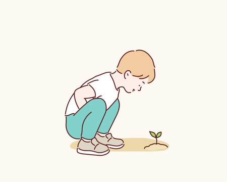 boy planting seeds. planting seeds to grow a tree. boy planting seeds and take care of plant. Hand drawn style vector design illustrations.