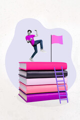 3d retro abstract creative artwork template collage of excited funky young man climb ladder pile...