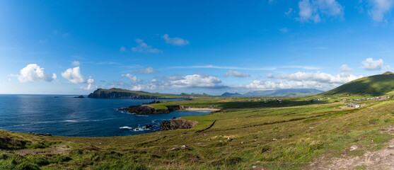 panorama coastal landscape of the northern Dingle Peninsula with a view of Clogher Beach and the...