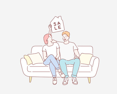 A couple is sitting on the couch with a sale sign. Hand drawn style vector design illustrations.
