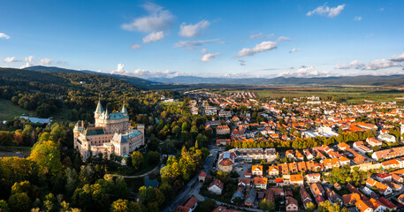 panorama view of Bojnice village and the historic fairy tale castle in Slovakia