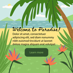 Exotic island scenery, beach landscape, summer vacation banner, postcard. Palm tree, bird-of-paradise flower, ocean.