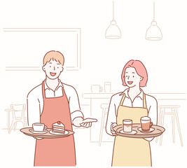 Waiter and waitress serving coffee and cake on tray. Hand drawn style vector design illustrations.