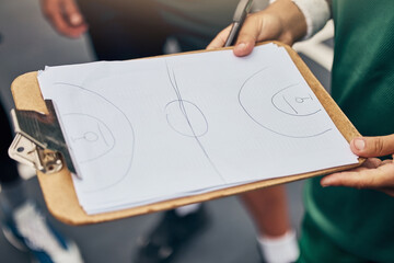 Basketball coach, planning strategy and team sports court floor plan for teamwork, players and...