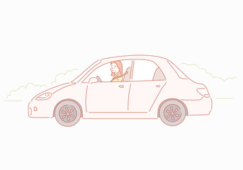 Car with driver woman. Hand drawn style vector design illustrations.