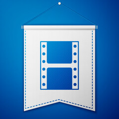 Blue Play video icon isolated on blue background. Film strip sign. White pennant template. Vector