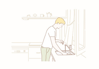 Man washing dishes cleaning kitchen at home. Hand drawn style vector design illustrations.