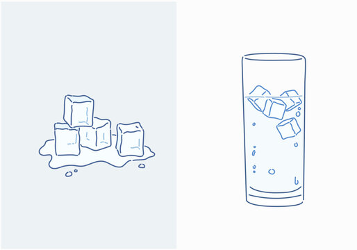 Glass of mineral carbonated water with ice. Hand drawn style vector design illustrations.