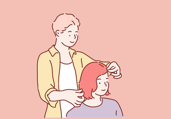 Professional barber working with client in hairdressing salon. Hand drawn style vector design illustrations.