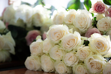 Bouquet of white roses close-up.