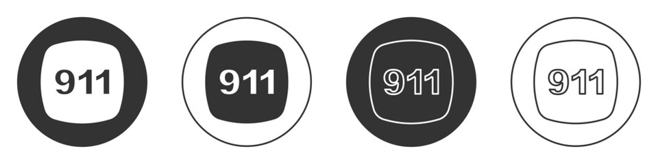 Black Telephone with emergency call 911 icon isolated on white background. Police, ambulance, fire department, call, phone. Circle button. Vector