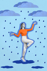 Collage 3d image of pinup pop retro sketch of funny positive smiling young woman enjoy autumn rainy...