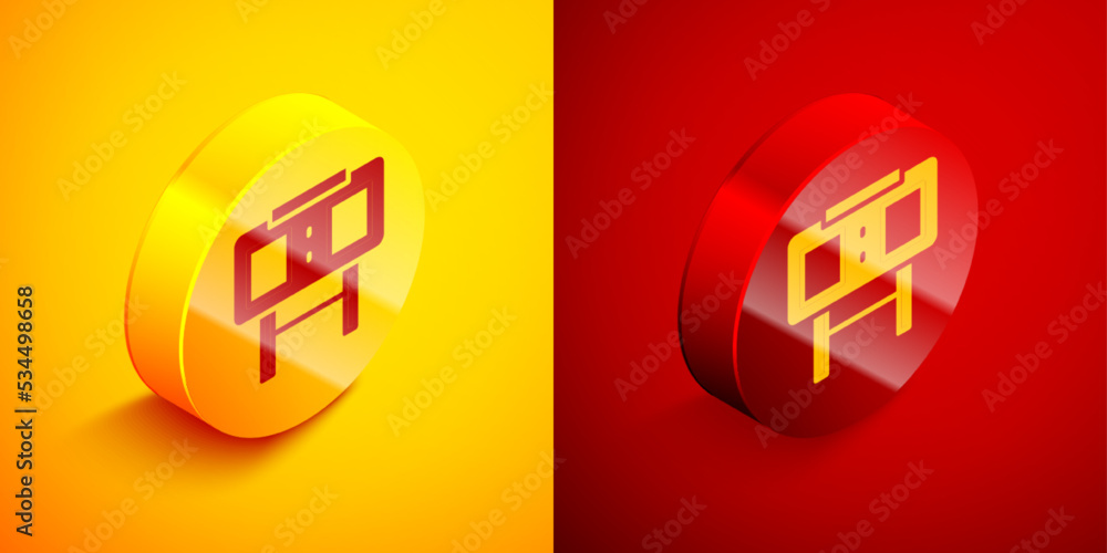 Poster isometric sport mechanical scoreboard and result display icon isolated on orange and red background.