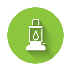 White Camping lantern icon isolated with long shadow background. Green circle button. Vector