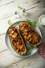 Stuffed roasted eggplant with meat and cheese