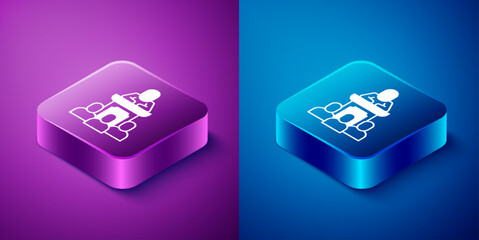 Isometric Auction auctioneer sells icon isolated on blue and purple background. Auction business, bid and sale. Square button. Vector - obrazy, fototapety, plakaty