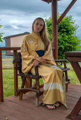 Selective focus. Girl in Japanese national costume. Yukata.