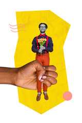 Vertical collage illustration of carefree guy hold flower bouquet on date celebrate anniversary...