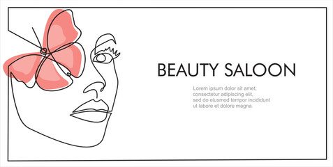 Obraz premium Woman face continuous one line vector drawing. Style templates with abstract female face and butterfly. Beauty saloon.Can used for logo, emblem, slide show and banner. Illustration with quote template