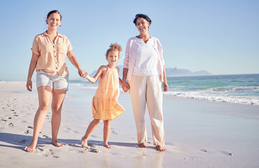 Mothers day, mom and child with grandmother at the beach in to celebrate women with children as a happy family, Three generations, old woman and parent with girl at sea in summer and walking on sand