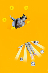 Creative poster collage of active young woman youngster fly through party portal have fun...