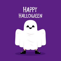 Vector isolated ghost under white sheet with legs sticking out colorless black and white.