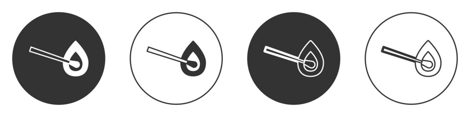 Black Burning match with fire icon isolated on white background. Match with fire. Matches sign. Circle button. Vector