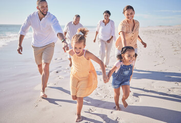 Family, running and beach vacation for children, parents and grandparents enjoying energy and...