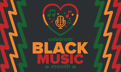 Black Music Month in June. African-American Music Appreciation Month. Celebrated annual in United States. Music concept. Poster, card, banner and background. Vector illustration