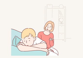 Angry mother is scolding at her son. Family conflict. Hand drawn style vector design illustrations.