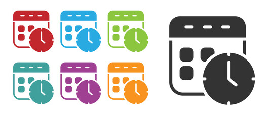 Black Calendar and clock icon isolated on white background. Schedule, appointment, organizer, timesheet, time management. Set icons colorful. Vector