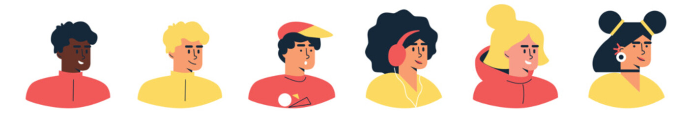 Young man and woman avatar. Cartoon style vector illustration. Different emotions. People avatar set. Woman and man avatar set