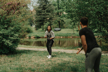 Couple playing frisbee in the park