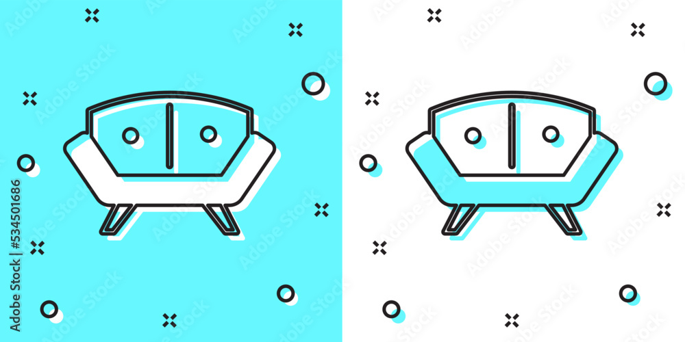 Poster black line sofa icon isolated on green and white background. random dynamic shapes. vector