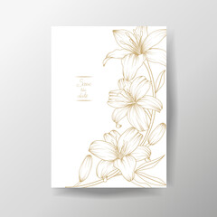 Golden lily flower composition 5x7 invitation template. Luxury elegant contour vintage vector illustration for postcard, wedding, birthday, thank you card, cover, logo, cosmetics, Mother's day, paper.