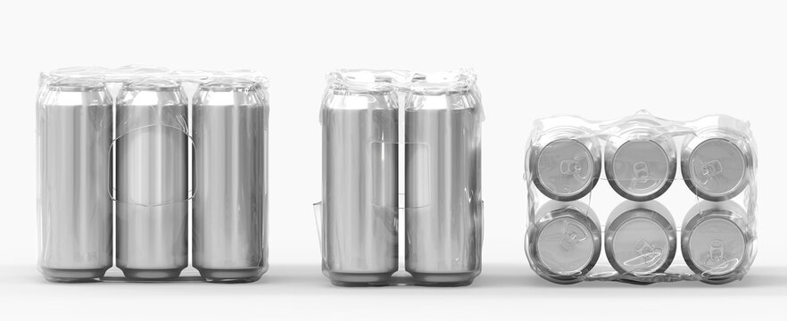 3D Tin cans soda or beer in shrink wrap, mockup front, side and top view. Realistic set of metal jars in transparent plastic packing, silver drink bottles isolated on white background