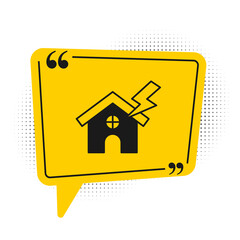 Black House and lightning icon isolated on white background. House with thunderbolt for house or property insurance symbol. Yellow speech bubble symbol. Vector