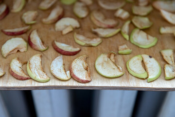 Sliced pieces of apples are laid out on a cutting board and dried on a radiator. Dried apples