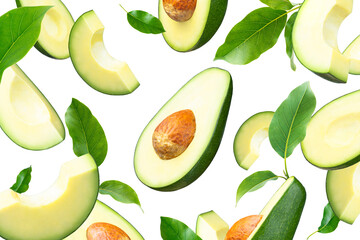 Falling and flying fresh avocado and green leaves with pit isolated on white background. Ripe fresh green avocado levitation Clipping Path. Full Depth of field. Focus stacking
