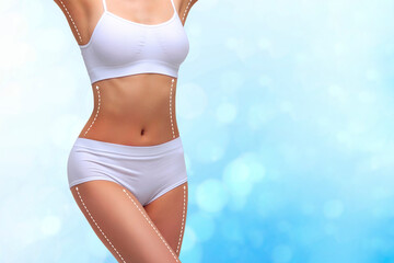Fototapeta na wymiar Dotted lines on beautiful female body. Closeup of woman slim fit body with white marks