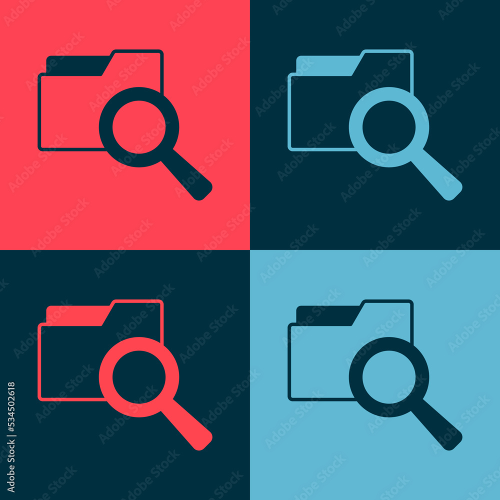 Poster Pop art Search concept with folder icon isolated on color background. Magnifying glass and document. Data and information sign. Vector