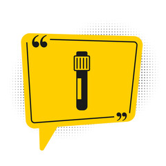 Black Test tube and flask chemical laboratory test icon isolated on white background. Laboratory glassware sign. Yellow speech bubble symbol. Vector