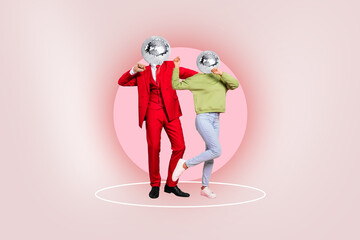Collage artwork graphics picture of lady guy disco ball instead of heads having fun together isolated painting background