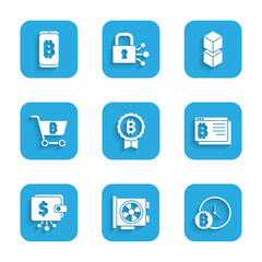 Set Bitcoin, Video graphic card, with clock, browser, Cryptocurrency wallet, Shopping cart bitcoin, Blockchain technology and Mining from mobile icon. Vector