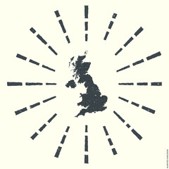 United Kingdom Logo. Grunge sunburst poster with map of the country. Shape of United Kingdom filled with hex digits with sunburst rays around. Stylish vector illustration.
