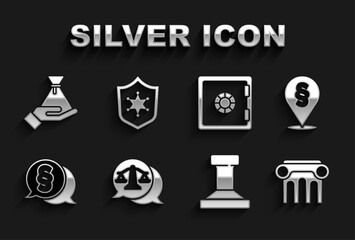 Set Scales of justice, Location law, Law pillar, Stamp, Safe, Bribe money bag and Police badge icon. Vector