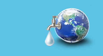 Steel less steel Tap or Faucet closeup with dripping water drop on the world in blue background, Water day and save water concept, Elements of this image furnished by NASA