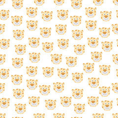 Vector seamless pattern of flat cartoon doodle leopard face head isolated on white background